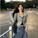 Two Piece Set Lace-up Cardigan with Cami Women's Sexy Slim Y2K Crop Long Sleeve Criss Cross Knit Tops Korean Acubi Outfit