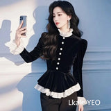 Women's Black Velvet Shirt 2025 Spring Autumn Be All-match High-grade Ladies Blouse Long Sleeve Comfortable Slim Lady Tops