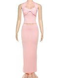Sexy Women 2 Piece Set Halter Solid Pleated Knot Backless Y2K Tank Tops+Skirts Vacation Party Elegant Matching Suits