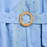 Lantern Sleeve O- Neck Blue Women Dress Cotton Blend Embroidery Hollow Out Summer Dress With Belt Elegant casual Female Clothing
