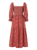 Pbong  Bohemian Floral Dress Women Square Neck Ruffle Swing A Line Maxi Dress Long Sleeve Beach Style Holiday Lady Club Party Dress