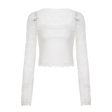Pbong  Sexy Patchwork Lace T Shirt Slim Hollow Out Square Collar Long Sleeve Tees Women Autumn Spring Fashion Streetwear Ladies
