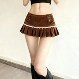Pbong  Lace Splicing Corduroy Pleated Short Skirt Women's Low Waist Slim Fit Brown Casual Mini Skirt