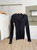 Long Sleeves Knit Top with Lace Trim Bow Front Solid Cute Bodycon Fitted T-Shirt Teen-girl Y2K Fairycore Clothes Spring Autumn