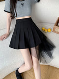 Pbong  Mesh Patchwork Pleated Skirts Women High Waist Fashion Slim Sexy Mini Skirt Korean Sweet Preppy Style Spring Summer A Line Skirt