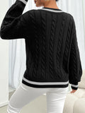 Striped trimmed twisted flower knitted shoulder sweater