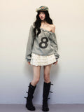 Y2K Streetwear Gray Sweatshirts Women Off Shoulder Loose Letter Pullovers Harajuku Retro Female Casual American Tops New