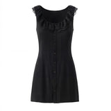 Pbong  Sexy Black Spliced Lace Ruffles O neck Sleeveless Dress Women Tie Bow Sashes Back Single-breasted Buttons Tank Dresses Vestidos