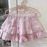 New Japanese Harajuku Sweet Pink Plaid Cake Skirt Women Cute Kawaii Lolita Embroidered Elastic Waist Pleated Short Skirts