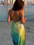 Pbong  Women's Summer Boho Cami Long Dress Gradient Color Spaghetti Strap V-Neck Backless Beachwear Party Maxi Sundress
