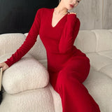 Solid Color Basic Simple Knitting Long Dress New V-neck Slim Fashion Autumn Women's Dress Sexy Chic Tight Female Winter Vestidos