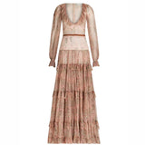 Autumn Casual Bohemia Dresses Elegant V-neck Ruffled High Waist Evening Dress Women Fashion Printed Mesh Pleated Long Dress
