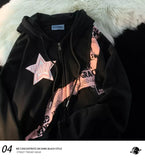 Y2K Vintage Zip Up Hoodies Women Harajuku Hip Hop Letter Print Sweatshirts Gothic Streetwear Loose Patchwork Tops Coats