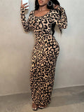 Pbong  Leopard Print Long Sleeve Bodycon Maxi Dress for Evening Party