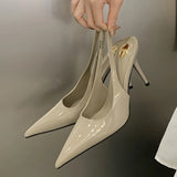 Pbong  Elegant Patent Leather Pointed Toe Slingbacks Woman Pumps Sexy Thin High Heels Buckle Strap Party Prom Shoes