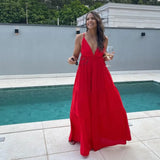 Red Backless Vacation Long Dress 2025 New Solid Color Sleeveless Beach Slip Dress Vestidos Fashion Chic Simple Woman Clothing
