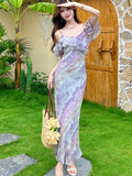 Womens Pink Floral Chic Off Shoulder Sexy Sling Long Dress Summer Elegant Ruffled Casual Dress 2025 Korena Fashion Bodycon Dress