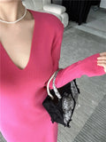 Solid Color Basic Simple Knitting Long Dress New V-neck Slim Fashion Autumn Women's Dress Sexy Chic Tight Female Winter Vestidos