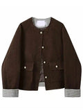 Vintage Women Corduroy Jacket Casual Long Sleeve Fall Winter O Neck Short Coat Streetwear Retro Slim Plaid Patchwork Tops