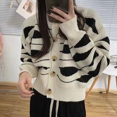Women Wave Stripe Sweater Cardigan Autumn Long Sleeve Knitted Cardigans Lazy Sweater Female Single Breasted Knit Coat