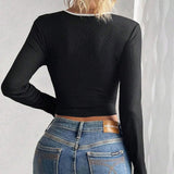 Autumn T-Shirts 2025 Women's Casual Plain Screw Thread Bowknot Long Sleeve Round-Neck Daily Basic T-Shirts