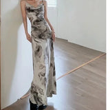 New Chinese Style Watercolor Print Strapless Bodycon Dress Women's Spring Shoulder Bared Elegance Skirt Wrap Hip Long Tail Fi...