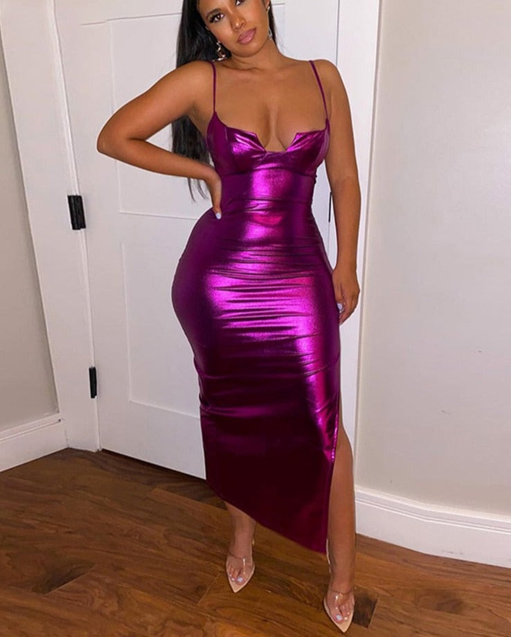Midnight Club Purple Maxi Dress for Women Fashion Neon Y2K Sexy Backless Strap Skinny Slim Party Outfits Summer Trend