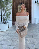 Women's Summer Slash Neck Sunscreen Maxi Dress Chic Long Sleeve Bodycon Knitted Vestidos Female Elegant Holiday Beachwear