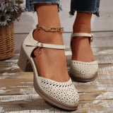 Ankle Strap High Heels Sandals for Women Summer Hollow Out Breathable Pumps Woman Comfortable Chunky Heeled Shoes