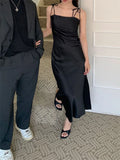 White Satin Elegant Luxury Slip Dress Fashion Solid Color Slit Slim Chic Long Dress 2025 Summer New Wedding Party Female Clothig