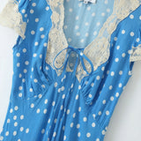 Pbong  Women Retro French Style Blue Polka Dot Spliced Lace Bow V neck Short Sleeve Dress Summer Maxi Long Dresses Robe Femme Vestidos
