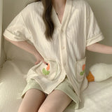 Pbong  Women's Pajamas Sleepwear Cotton V Neck Two Piece Sets Summer Kawaii Pyjamas Nightwear Homesuit Pijamas Print Shorts