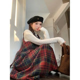 Winter Plaid A-line Skirt Women Clothing Woolen Vest Dress Sweet Age Reduction Vintage Dresses Korean Fashion Vestidos