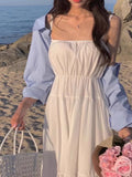 Pbong  White Strapless Summer Dress Women's Chic Loose Waist Long Skirt Korean Style Commute Pure Color Holiday A-Line Gown