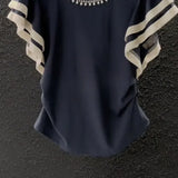 Pbong  Summer Neqw O-neck Beading Tops Mujer Patchwork Flying Sleeve Loose Tee Shirt Fashion All-match T-shirt For Women