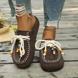 Pbong  Women New Slip-On Loafers Soft Bottom Suede Ethnic Style Flats Beaded Lace Up Casual Shoes Fashion Slippers Fashion