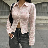 Pbong  Korean Fashion Pink Plaid Slimming Blouse Women Turn-Down Collar Long Sleeve Buttons Shirts Casual Woven Top Fashion New