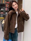 American Y2K Jacket Women Vintage Loose Faux Suede Long Sleeve Casual Coat Hip Hop Fall Winter Lady Streetwear New Outwear