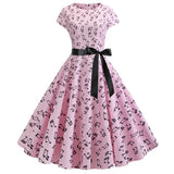 Retro Women's round Neck Printed Dress with Sleeve Ribbon Large Swing Black Silk Vintage Style Cleanfit mid Waist Cotton Dress