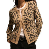 Pbong  Women Knitted Cardigan Autumn Long Sleeve Button Closure Casual Jacket Vintage Leopard Print Sweater Knitwear