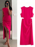 Pbong   Elegant Rose Red Party Dresses for Woman Ruched Sleeveless Split Cut Out Midi Dress Ladies Commuting Streetwear Vestido