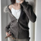Vintage American High Street Zip Up Knitted Cardigan Sweaters Simple French All Match Lazy Women Jumpers Y2k Aesthetic Clothes