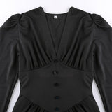 V-Neck Long Sleeve Pleated Party Dress