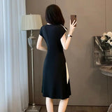 French Temporary Simple Fashion High End Short Sleeved Dress Summer New Round Neck Waist High-end Black White Patchwork Dresses