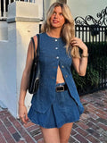 Retro Denim O-neck Vest Mini Skirt Woman's Set Casual Sleeveless Single Breasted Tops Pleated Skirts Sets Female Chic Outfits