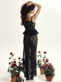 Lace See Through Sexy Maxi Dress Women Elegant Spaghetti Strap Sleeveless Backless Thigh High Split Club Long Dress