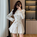 Korean Vintage Women Tweed Dresses 2025 Autumn New O-neck French Pleated A-line Party Short Dress Fashion Female Mini Vestidos
