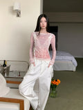 Designer Pink Long Sleeve T Shirt For Woman Fall 2025 Lace Print Funny Tees Cute Mesh Top Kawaii Clothes
