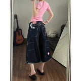 Pbong   New Women Sweet Vintage Raw Denim Cargo Pants Summer Pink Embroidery Muscle Design Straight 7/8 Cropped Jeans Streetwear