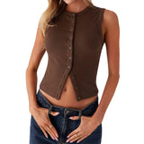 Women Tank Tops y2k Clothing Summer Solid Color Round Neck Sleeveless Button Down T Shirts Vest 2000s Aesthetic Clothes